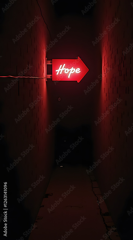 Poster a glowing red neon sign pointing left reads 