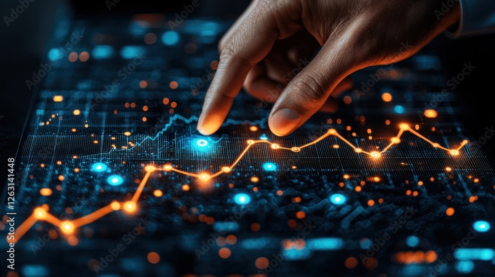 Poster hand interacting with digital data graph showing trends