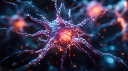 A vibrant neuron cell with glowing dendrites and axon