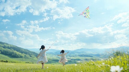 Obraz premium Children running through a green field flying a kite, digital painting