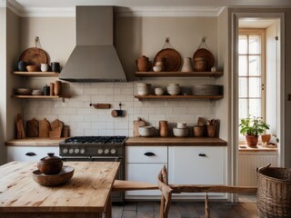 Rustic Kitchen With Earthenware and Wooden Accents