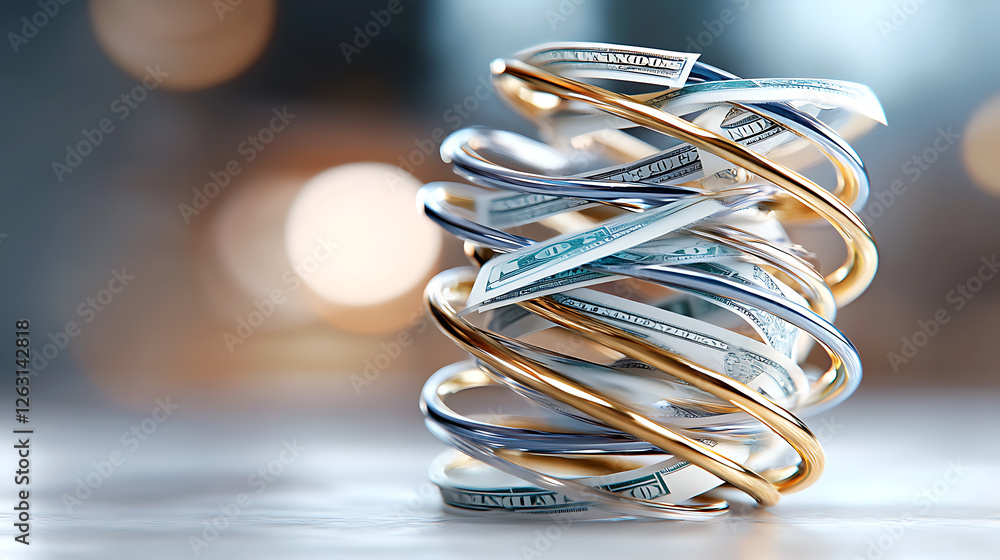 Poster dynamic currency spiral financial setting 3d visualization modern environment close-up perspective w