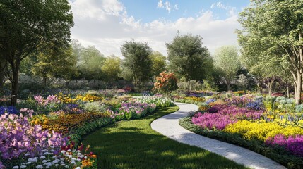 Obraz premium Serene garden path winding through vibrant blooming flowers and lush green trees under a sunny sky.