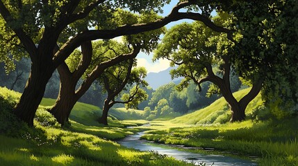Sun-Dappled Stream in a Verdant Valley: Digital Landscape Painting AI Generated