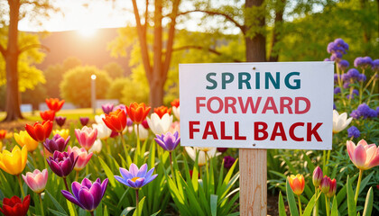 Colorful garden scene with "Spring Forward, Fall Back" sign, seasonal joy