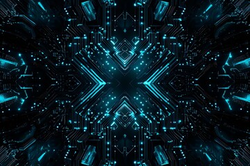Abstract close-up of a glowing blue digital circuit board, showcasing intricate connections and technological design on a black background.
