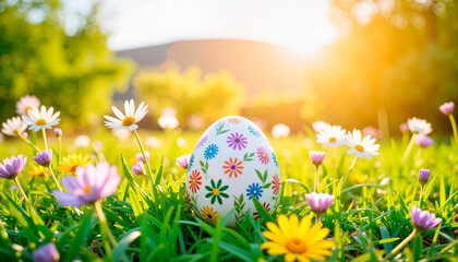 Fototapeta premium Colorful Easter egg nestled among wildflowers in sunny countryside, celebration