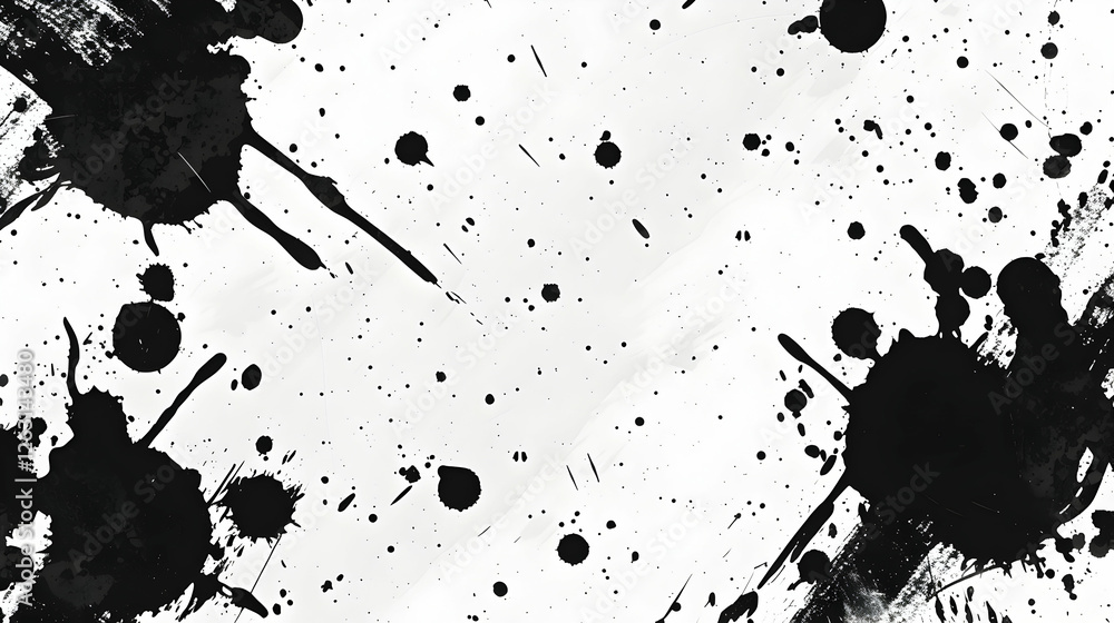 Poster abstract black ink splatter on white background, creating a dynamic artistic effect for design use (