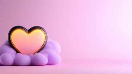 A glowing heart shaped icon surrounded by soft purple clouds on a pink background.