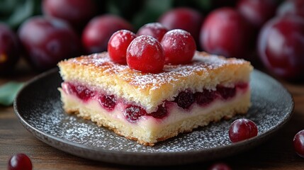 Plum cake slice, dusted, wooden background, dessert