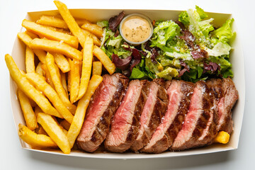 Top view perfect steak with side dish isolated on white background, Selective focus sliced of medium rare grilled beef with french fries and salad in carton tray on white background.