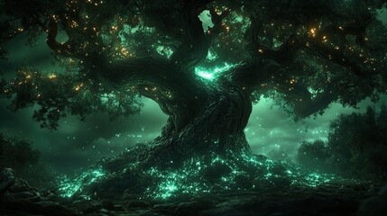 Obraz premium Enchanting Glowing Tree In A Dark Forest