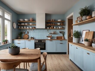 Serene Light Blue Kitchen With Wooden Accents And Plants