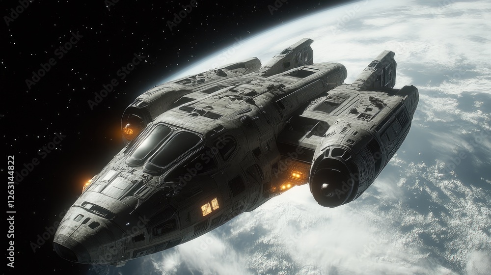 Aufkleber spaceship orbiting a distant planet in space