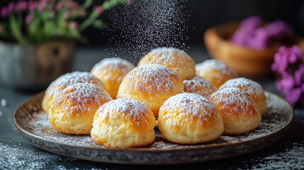 Powdered sugar dusting pastries, kitchen setting