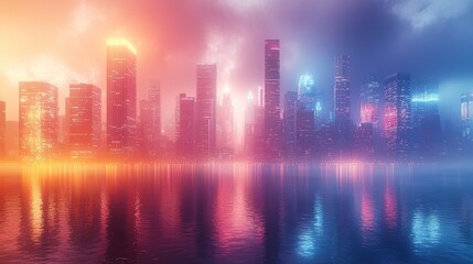 Fototapeta premium Neon Cityscape Reflecting in Calm Waters at Dusk