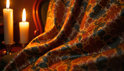 Intricate floral brocade fabric illuminated by candlelight, elegance