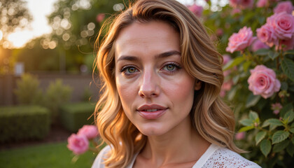 Elegant woman smiling in garden at dusk, natural beauty