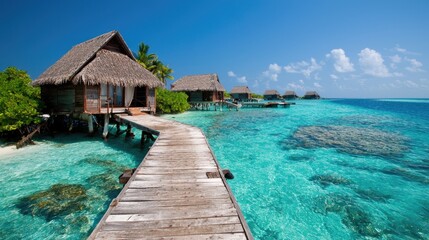 Fototapeta premium Tropical Overwater Bungalows on a Turquoise Ocean
