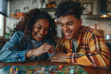 Portrait of a content mixed race couple in their 20s playing a board game