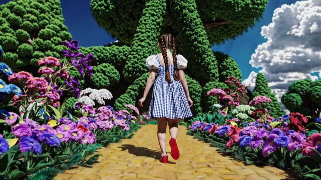 A whimsical video scene with a low-angle view of a girl in a blue dress walking on a yellow path, surrounded by vibrant, fantastical flora.