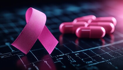 A pink ribbon and pills representing awareness for cancer and health initiatives.