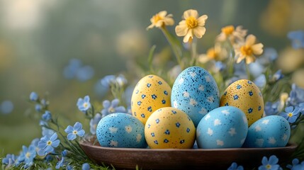 Colorful yellow and blue easter eggs in floral spring setting