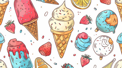 Colorful illustration of various ice cream cones and popsicles with fruits on a white background (1)
