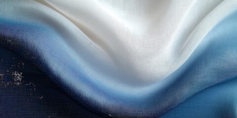 Naklejka premium Delicate weave of blue and white layered fabric, showcasing a rich texture on its smooth white upper surface. Underneath lies a subtle light blue, creating an intricate visual depth