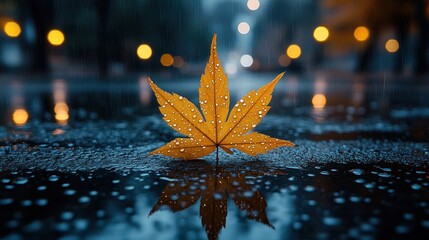 Rainy Autumn Night, City Street Leaf