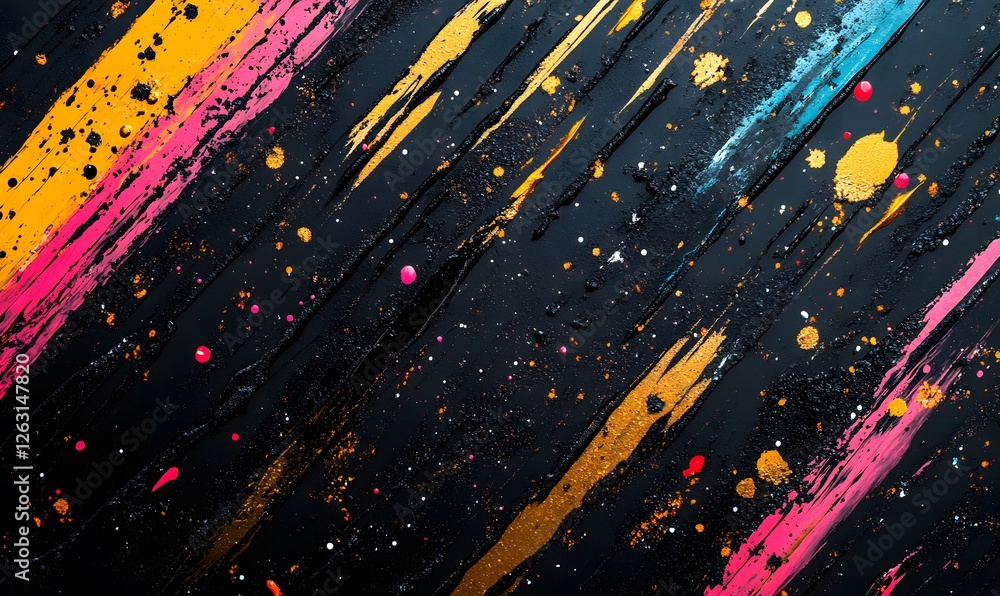 Poster abstract artwork with vibrant splashes of color on a textured black surface background