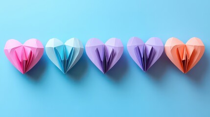 Fototapeta premium Colorful Paper Hearts on Blue Background