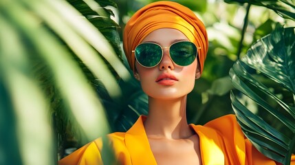 Sustainable Fashion   Vibrant Tropical Model in Orange Attire and Sunglasses