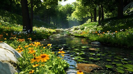 Sun-Dappled Stream in a Lush Summer Forest: A 3D Render AI Generated