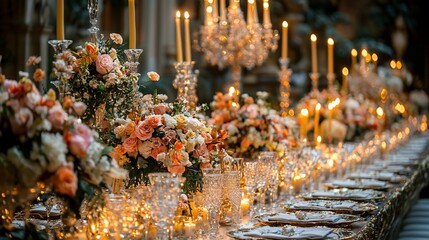 Elegant candlelit wedding reception dinner table, indoor garden setting