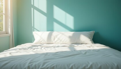 Sunlight is casting shadows of window on empty bed with white sheets and pillow in bedroom with turquoise wall, creating cozy and peaceful atmosphere