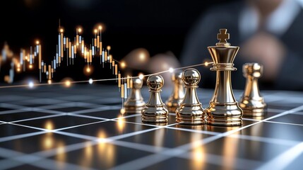 Strategic moves in financial markets chess game illustrating investment tactics amidst economic trends digital visualization professional environment analytical perspective