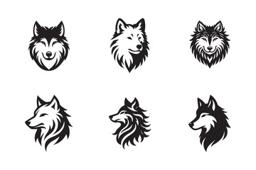  set of wolf head illustrations in black and white, vector style, perfect for logos or tattoos