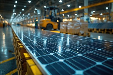 Closeup view of solar panels in a factory setting, showcasing intricate grid pattern and reflective surface.  Factory interior with rows of solar panels.  Industrial environment with forklift and