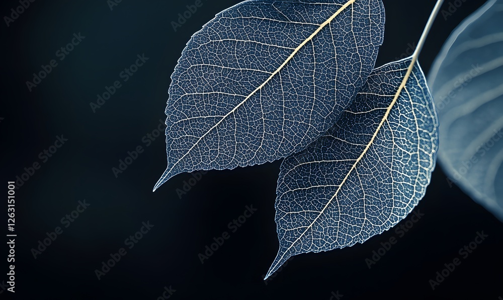 Poster delicate skeletal leaves showing intricate vein patterns on dark background
