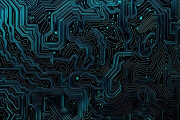 Abstract close-up of a glowing blue digital circuit board, showcasing intricate connections and technological design on a black background.
