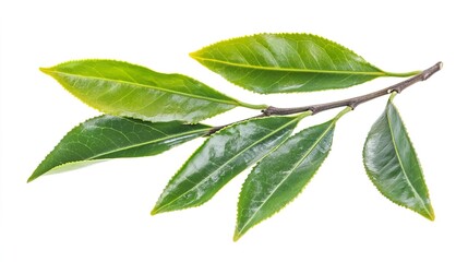 Obraz premium Fresh Green Tea Leaves Isolated on White Background for Design