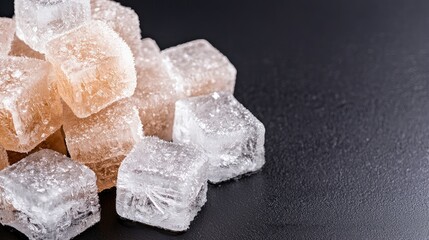 Crystallized sugar cubes on dark background, food photography