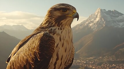 Majestic Hawk Perched on Mountaintop at Sunrise.