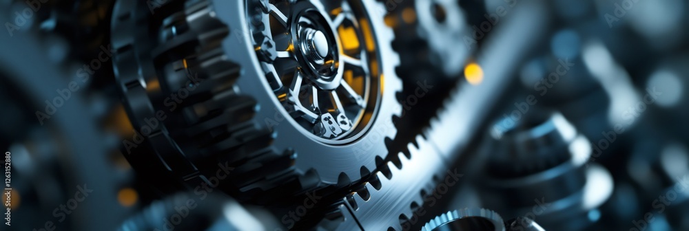 Poster Interlocking metal gears rotate smoothly, showcasing precision engineering and industrial mechanics in a close up view of complex machinery with warm lighting highlighting key components