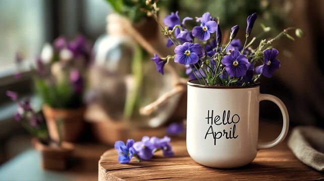 A mug with hello april written on it and flowers sitting next to it.