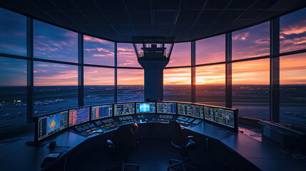 Modern Air Traffic Control Tower with Sunset Over Airport Landscape