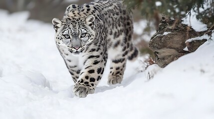Obraz premium Snow leopard walking on a snowy mountain, rare and beautiful,