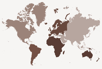 Map of the World. A simple border map with continent division. Brown color palette. Plain map with administrative division. Vector illustration.