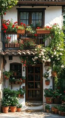 Naklejka premium the house with the many potted plants and flowers on it.